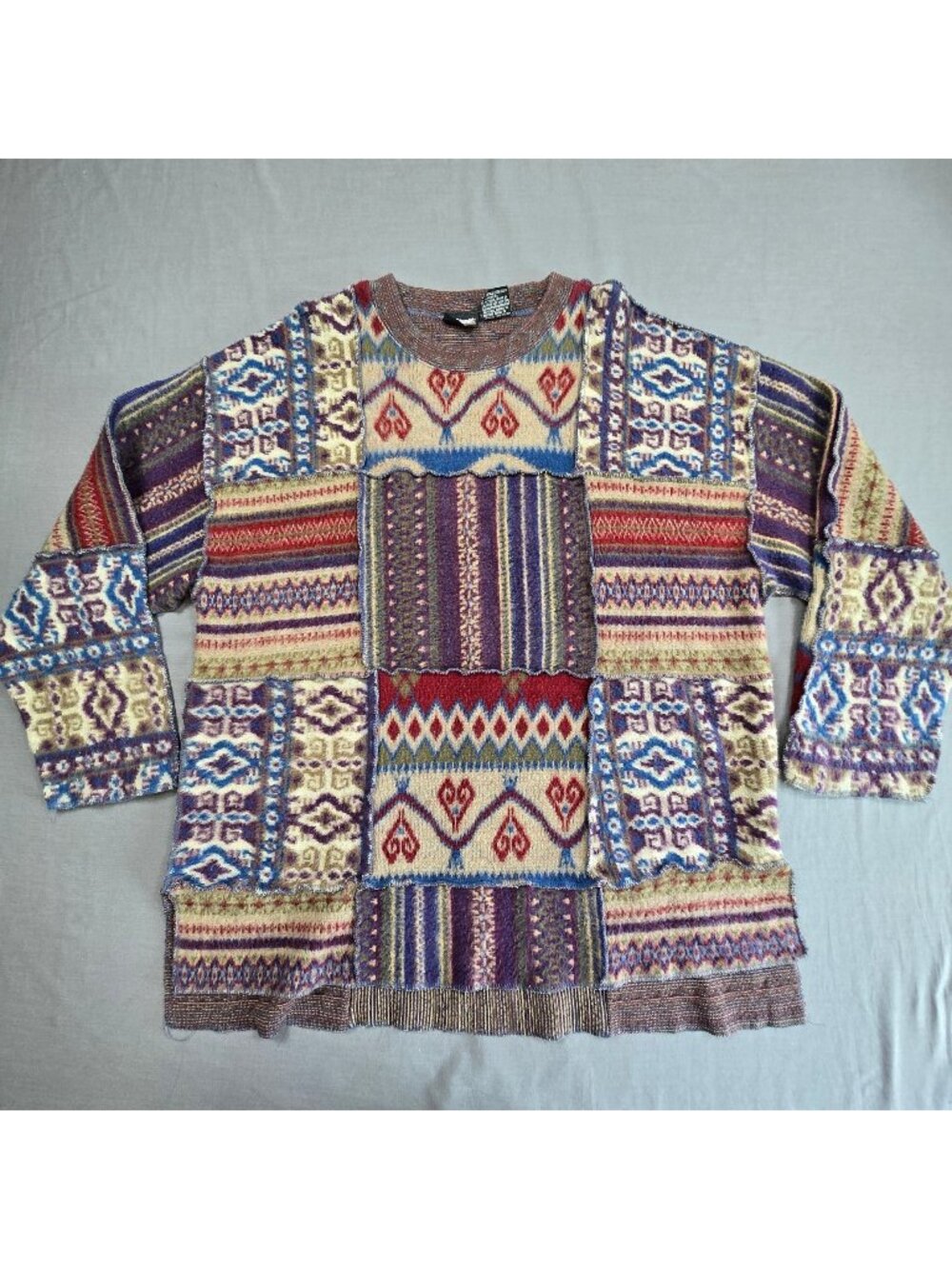 Vintage Impact Mens X-Large XL Sweater Purple Patchwork Distressed Knit Crewneck
